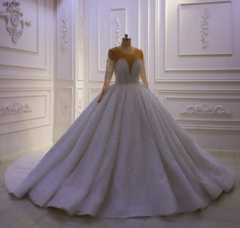 AM1290 Королевское бальное платье с V-образным вырезом и блестками, кружевное свадебное платье с длинным рукавом